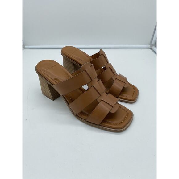 New Marc Fisher LTD Louisa‎ Leather Block Heel Slip On Mules Woven Tan Size 10M - Picture 2 of 8